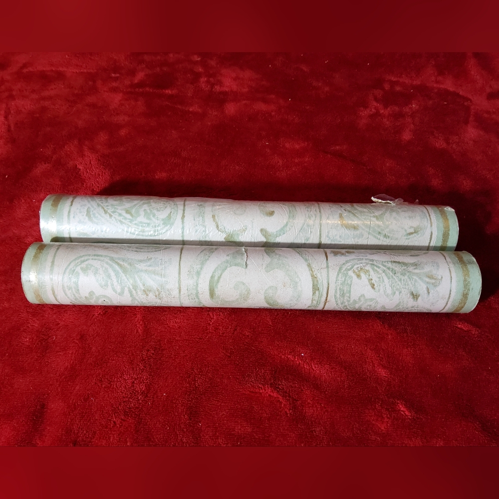 Vintage 1980’s Wallpaper Sunworthy Green Gold & White Pattern 2 Rolls 10 Yards